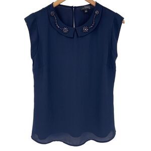 The Limited Rhinestone Embellished Collar Sleeveless Blouse Women Small Navy NWT